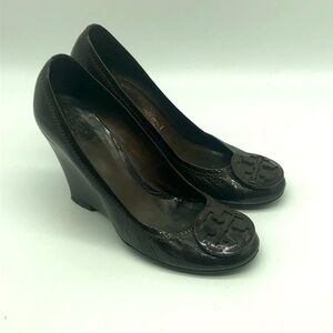 Tory Burch Heels Women's 7 Sophie Chocolate Brown Patent Leather Wedge Classic